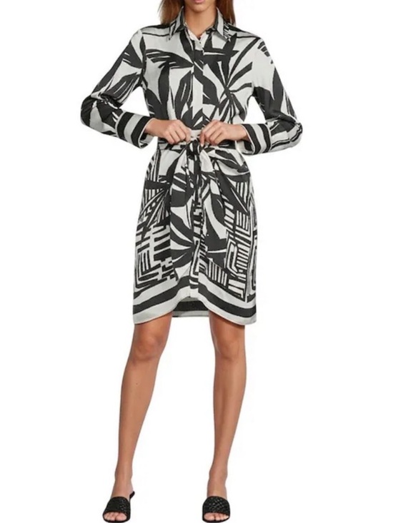 ANTONIO MELANI Dresses & Skirts - ANTONIO MELANI Odessa Black and White Long-Sleeve Printed Tie-Waist Shirt Dress
